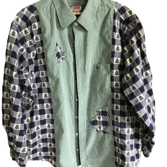 Mixed Print Button-Down Top, Size M-L: Upcycled Spliced Holiday Winter Shirt - Picture 11 of 13